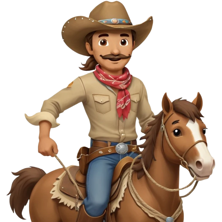 clash-of-clans-aesthetic_-cinematic-playful-cowboy-portrait-emoji, head-tilted with a roguish, cheeky grin and twinkling eyes, featuring a rugged, spirited build with a wide-brimmed cowboy hat and a weathered bandana on tan skin, brown hair and a moustache , riding a powerful galloping horse with dynamic flowing mane, reins gripped firmly in one hand and a lasso in the other, as dust swirls behind them in a vast desert landscape. emoji
