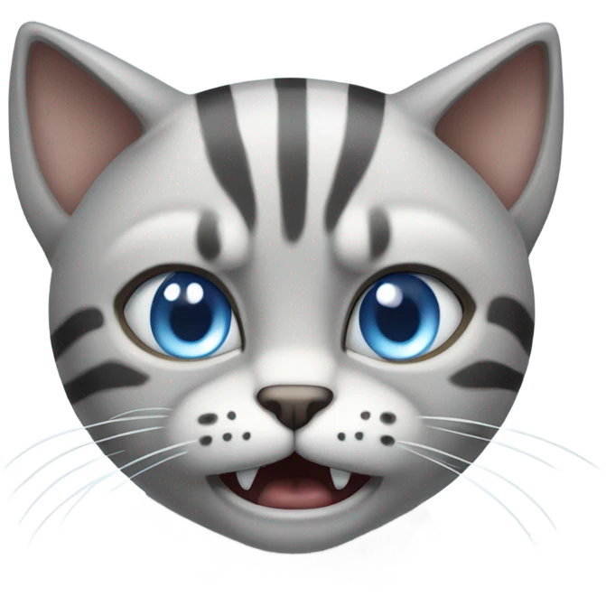 Light gray cat with stripes and black tipped ears and blue eyes with angry face emoji