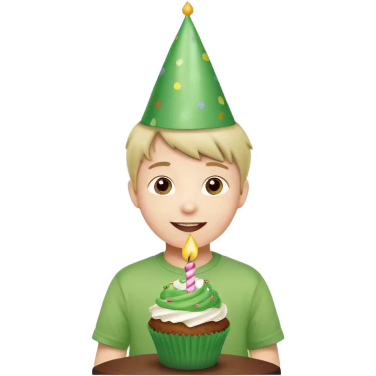 happy child with a green party hat and green shirt, in front of a birthday cupcake, festive mood emoji