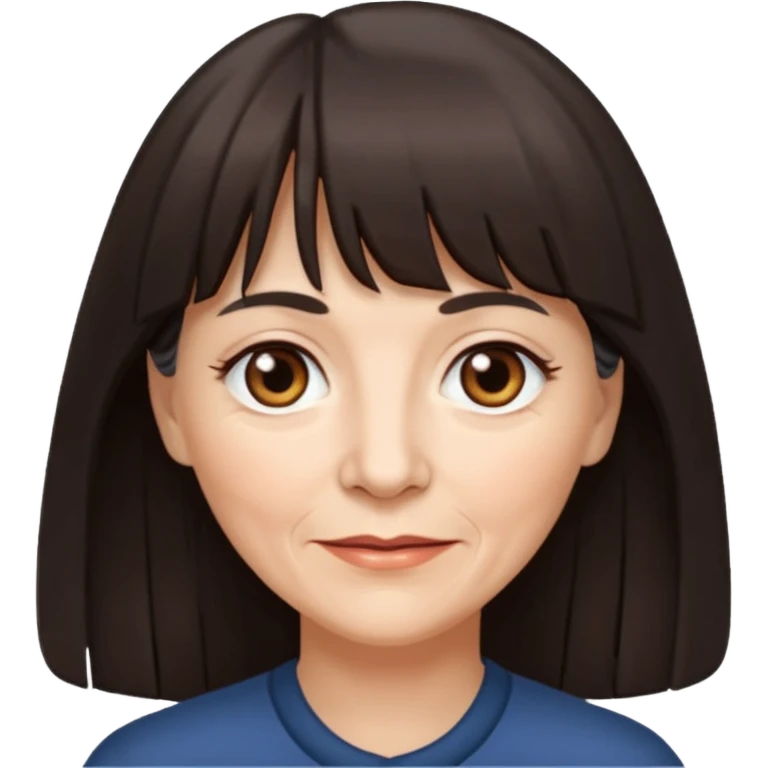 60 yr old woman, small brown eyes, long dark hair, bangs,  emoji
