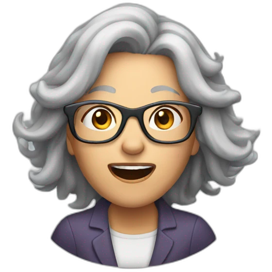 Long grey haired Woman with glasses shouting emoji