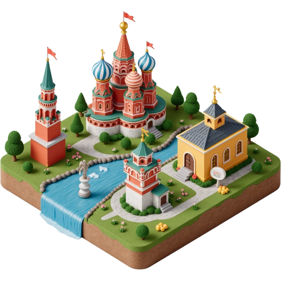 Isometric miniature 3D city with iconic landmarks of Moscow, colorful stylized buildings, cartoon realism emoji