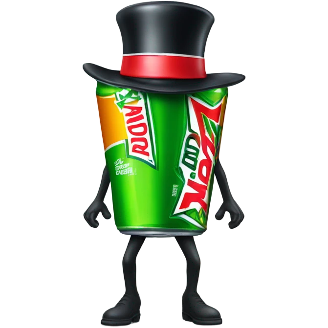 Mountain dew can with legs and arms while wearing a top hat emoji