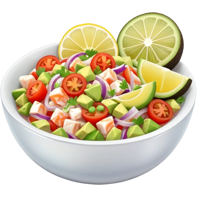 Mexican fish ceviche with lemon and sliced tomato, avocado and onion in a small bowl, fresh and colorful emoji