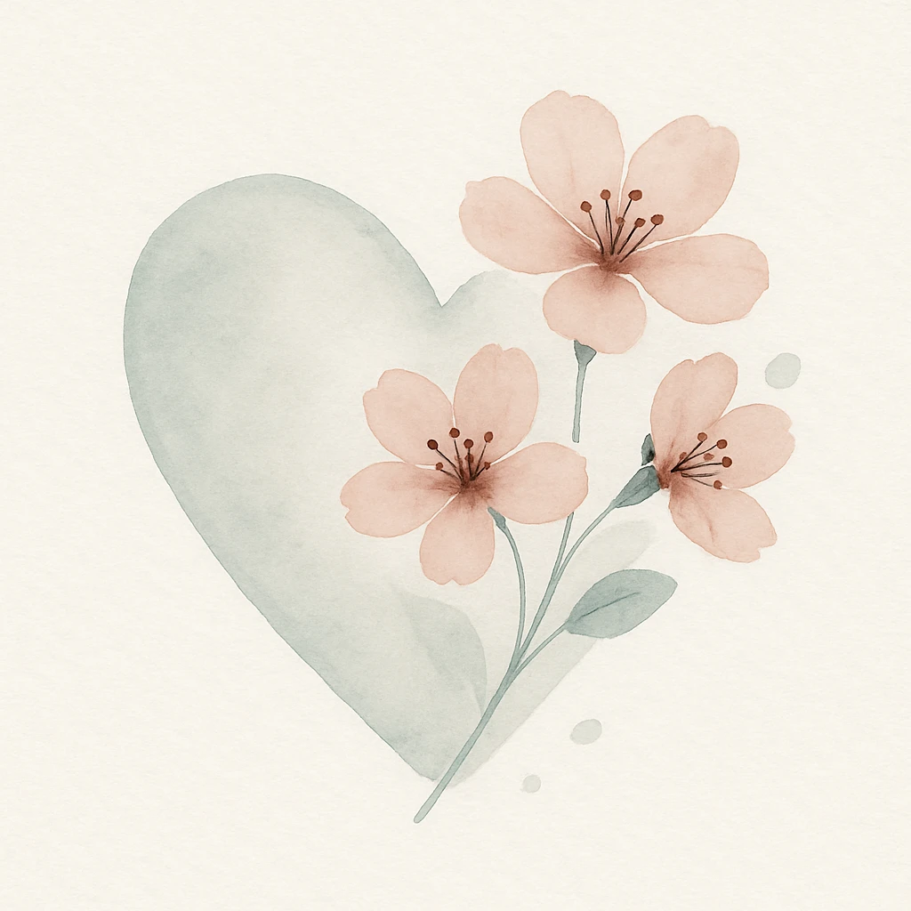 heart with sakura flowers and silver accents, watercolor style emoji