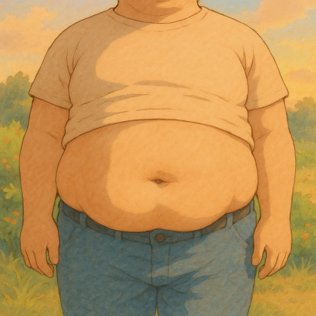 abdomen with subcutaneous fat, ghibli style, soft details, warm atmosphere, pastel colors emoji
