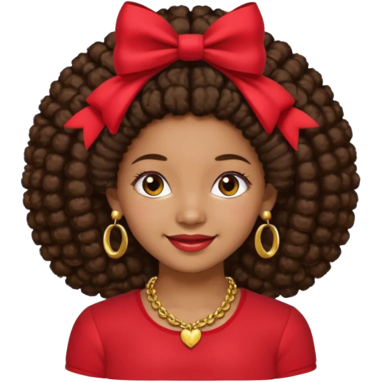 Brownskin girl dark brown hair afro pigtails with red bows brown eyes smiling closed mouth red shirt gold esrrings gold necklace emoji