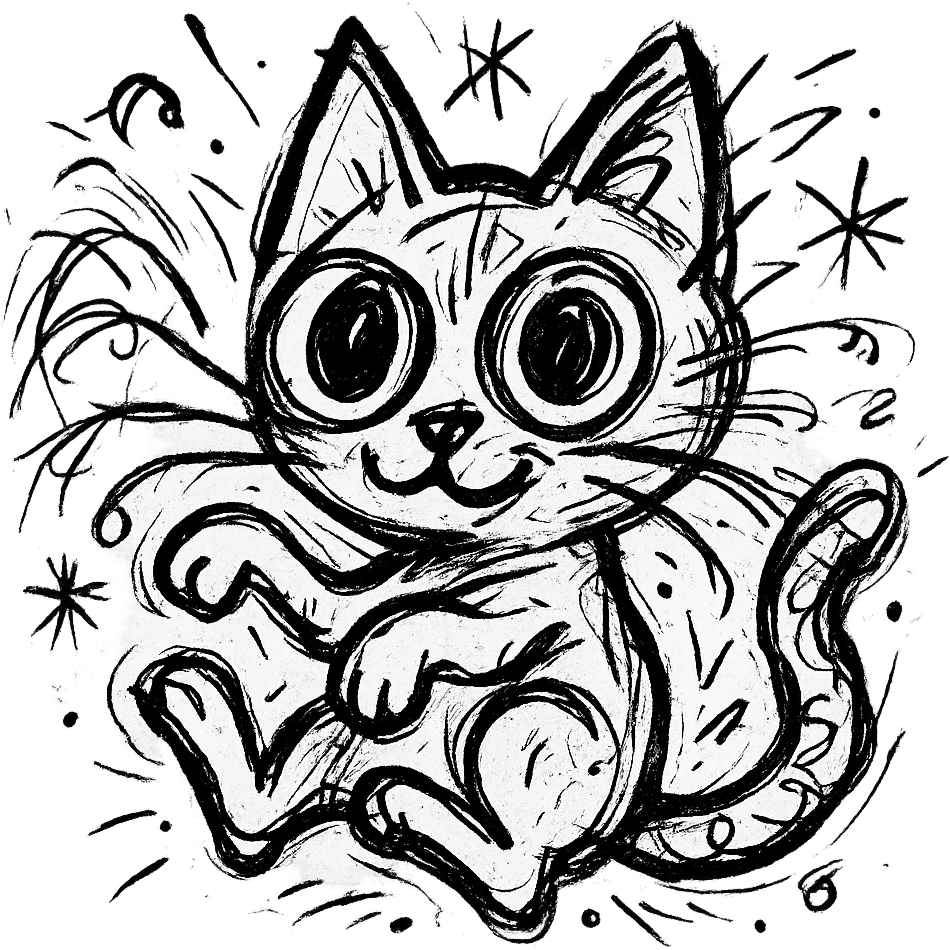 chaotic outlined icon of a cute cat with big eyes and a playful pose emoji