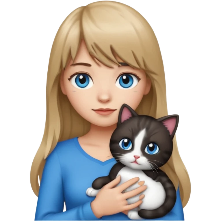 Apple-style emoji sticker of a young woman with long dark blond hair and bangs, blue eyes , holding a spotting black-and-white kitty on her chest.  emoji