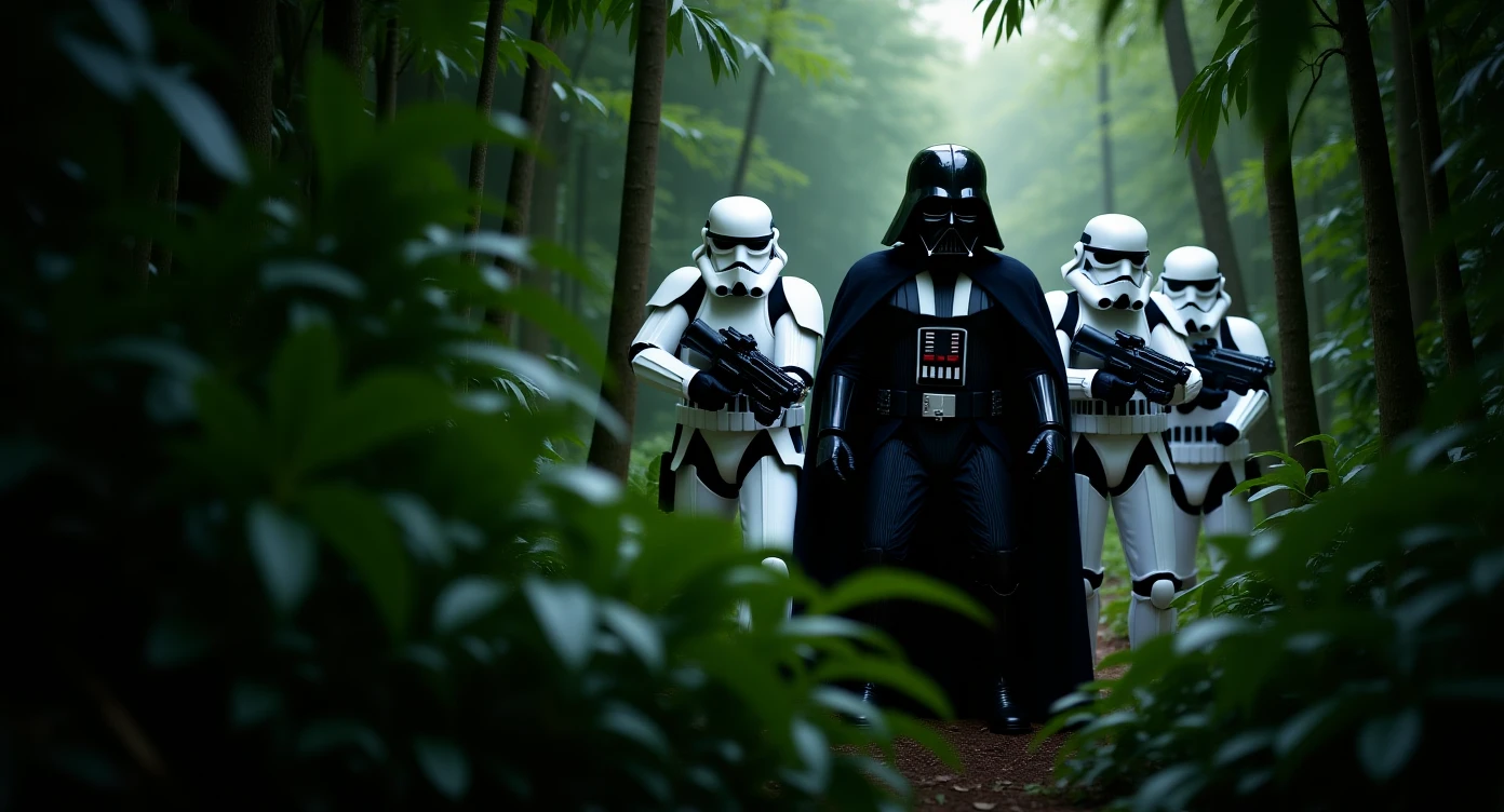 Portrait photo, Closeup shot, amazon jungle,  blurred plants in the foreground (frame within a frame), Darth Vader around stormtroopers coming out from starship on ground, they are exploring the jungle emoji