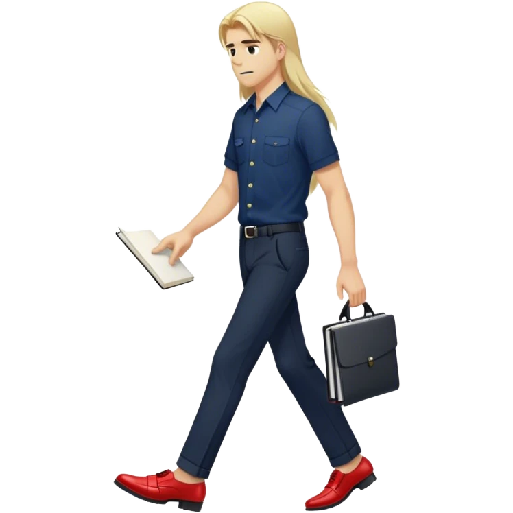 Guy with super long straight blonde hair wearing a short sleeve navy button up untucked black pants red shoes walking holding a notebook emoji