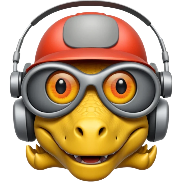 Dinosaurio  gris subido en un carro blanco tecnológico con lentes de realidad virtual emoji