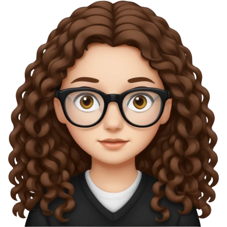 white teen girl with long brown curls, hazel eyes, and black frame glasses emoji