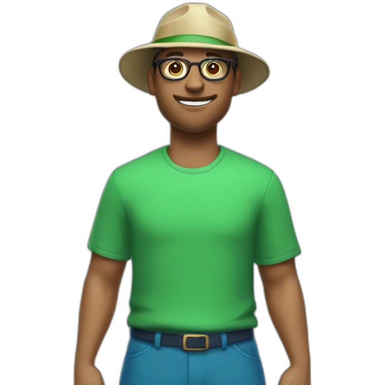 make a guy with cyan hat and green shirt and blue pants that is point to a sign that has "far club" and he has glasses emoji