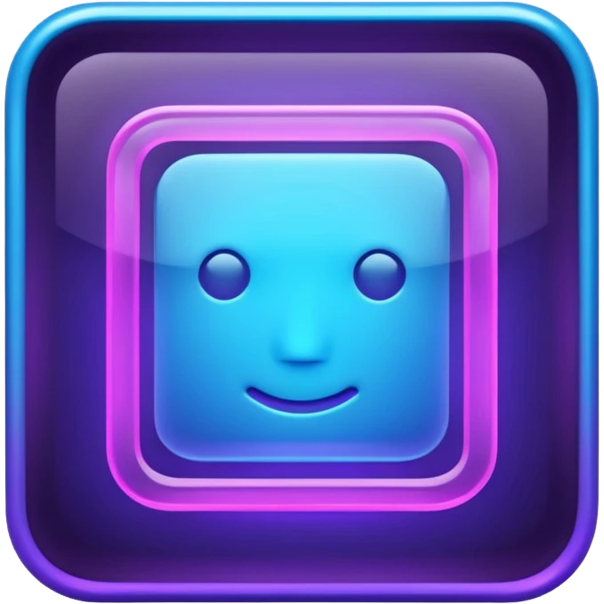 A glowing neon square in shades of blue and purple, transparent background, no face emoji