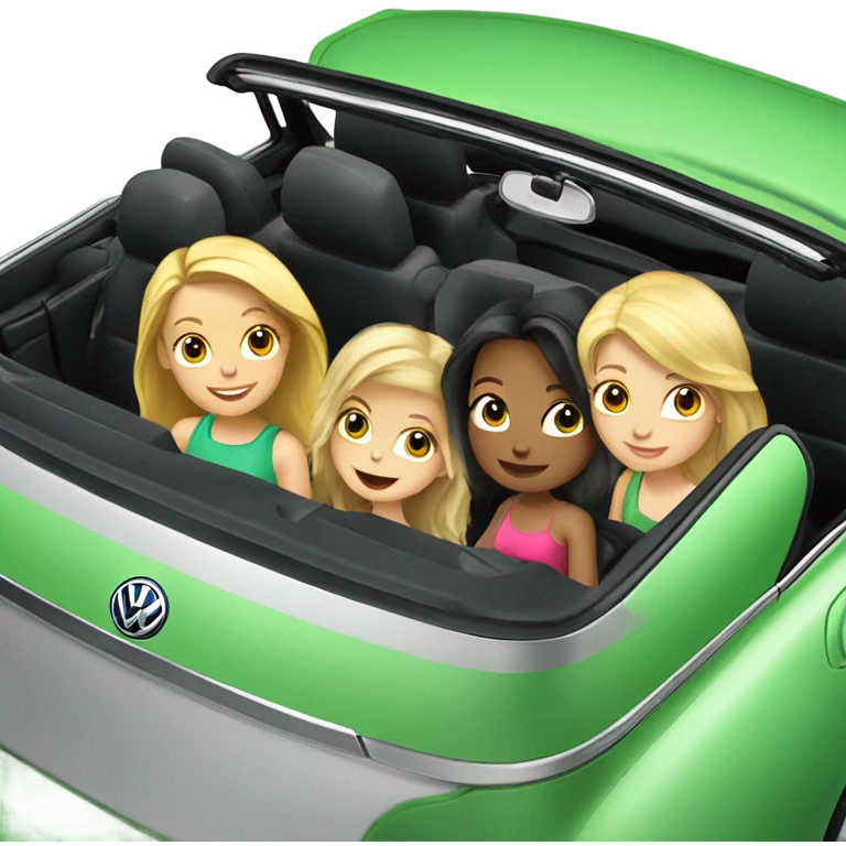 Two Caucasian blonde girls and two Caucasian brunette girls riding in a green volkswagen convertible emoji