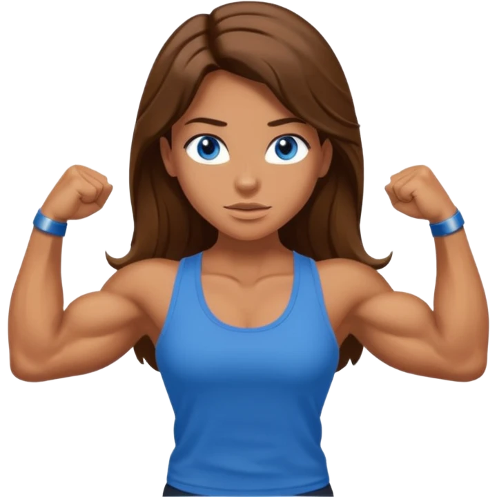 Girl with long brown hair, blue eyes and really muscular arms, flexing her muscles. Wearing a tank top emoji