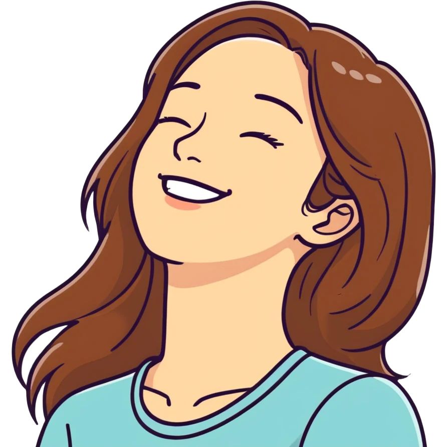 Woman from side point of view  with one hand on top of her forehead, eyes closed, laughing and smiling really hard. Hair is brown and long emoji