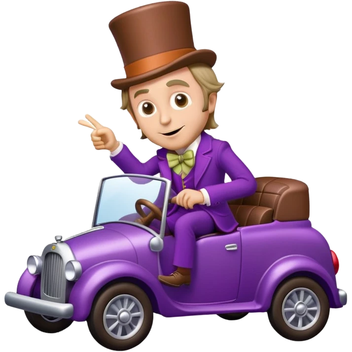 Willy Wonka driving a fancy chocolate car emoji