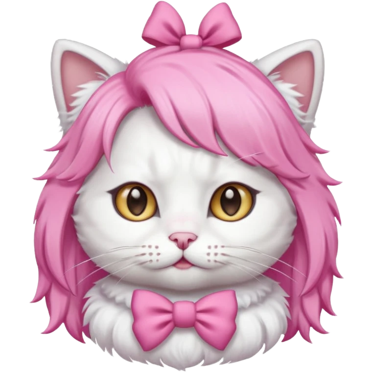 White cat wearing pink wig and bow emoji