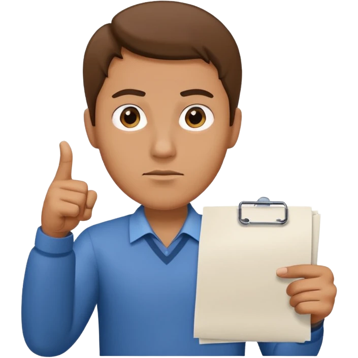 A man stands with a serious face and points his finger at his hand holding papers emoji
