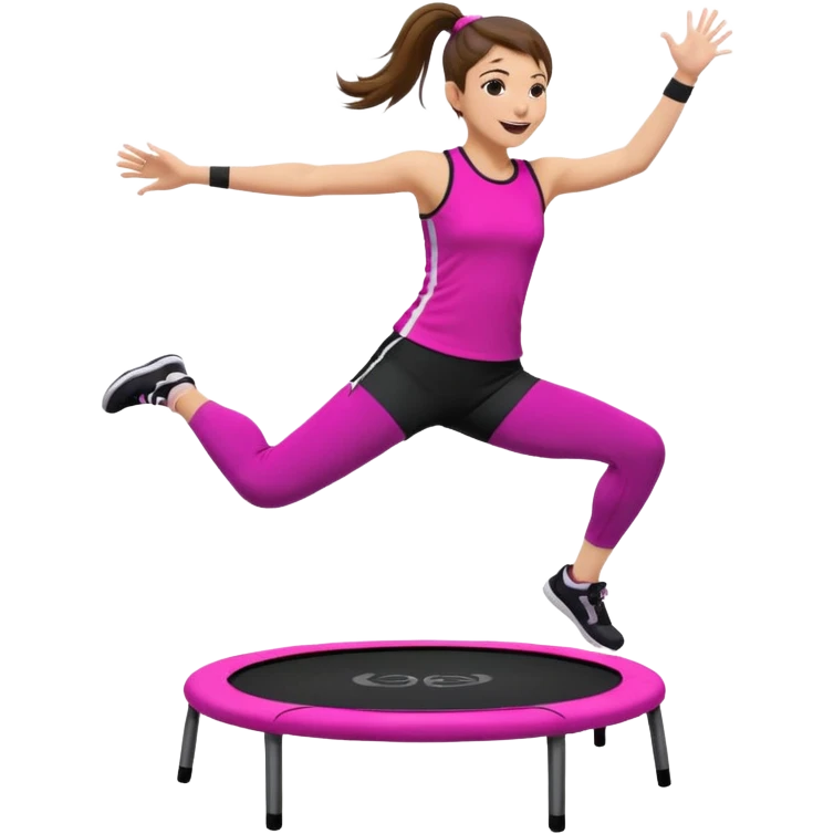 Mujer joven con cola alta y pelo marrón, saltando sobre un mini trampolín negro con bordes neón. Lleva top fucsia, calzas negras y zapatillas blancas. Brazos abiertos, rodillas flexionadas y expresión alegre, en pleno salto con líneas de movimiento.
 emoji