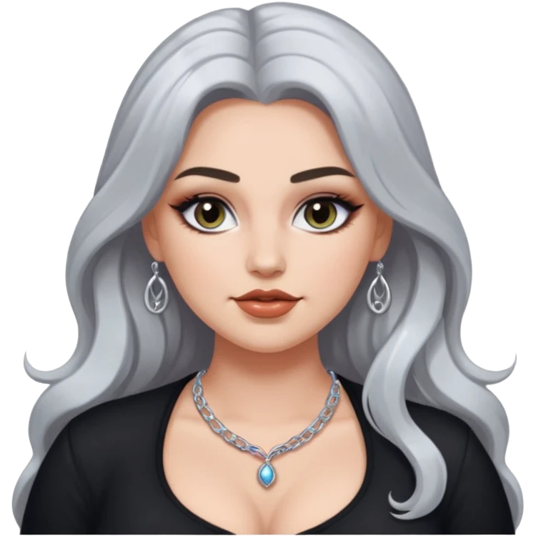 long hair. white thot voluptous chest and gen z makeup simple silver accessories. big topless hanging chest. smug detailed face. emoji