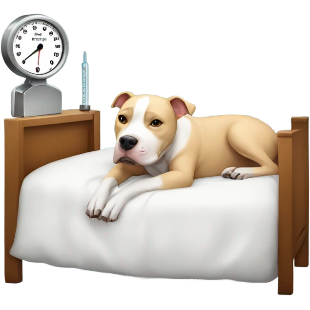 Pitbull in bed with thermometer in mouth emoji