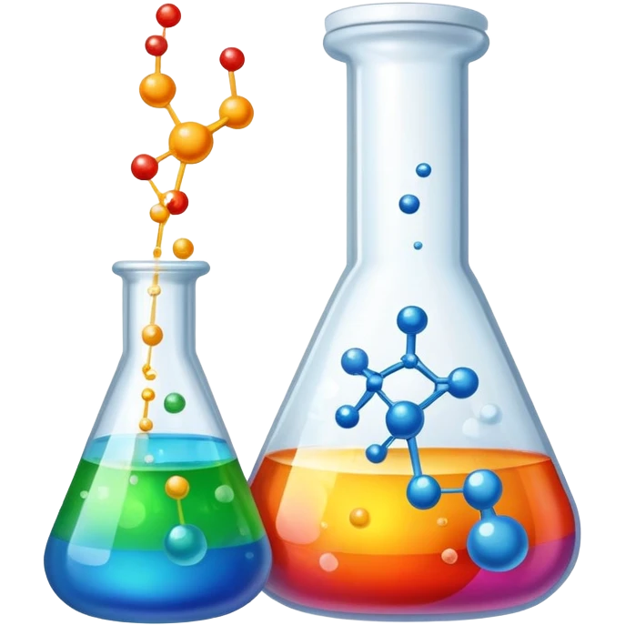 An icon featuring a chemical flask, bubbling with liquid, and an atomic structure, symbolizing chemistry. The design includes molecules, a periodic table, and laboratory equipment, representing the study of chemical reactions and elements. Transparent background highlights scientific research. emoji