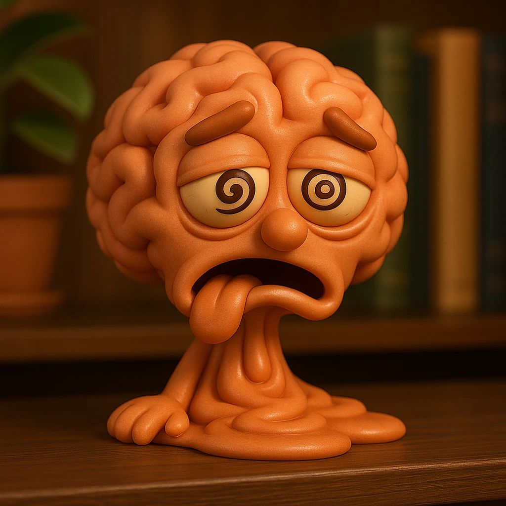 Create a 3D cartoon brain character with a dazed expression, melting or spiraling, in the same style as the provided bobblehead reference image. emoji