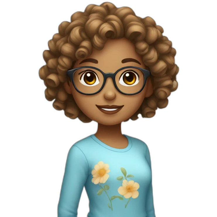 Cute light brown skin girl with curly hair and glasses wearing a light blue top emoji