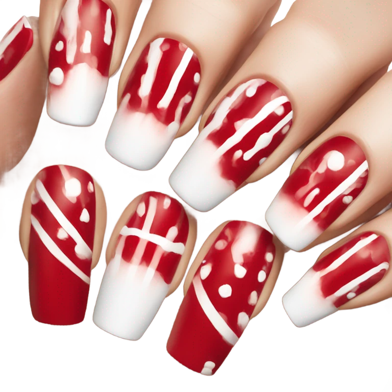 Long red and white acrylic nails on medium skin ton emoji