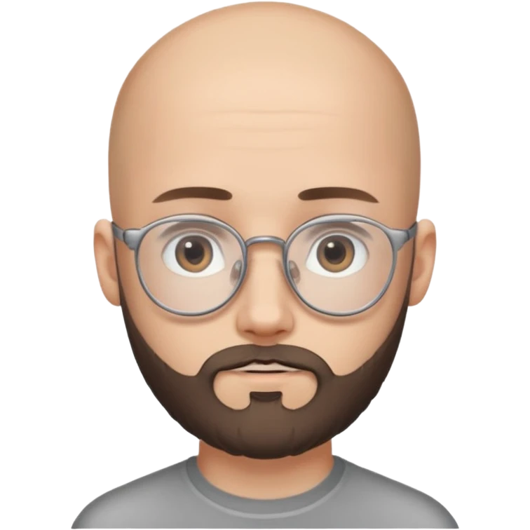 A young guy of 18 years old, bald, with a thick beard and very thin glasses. He has gray eyes and looks like a child, despite his age. emoji