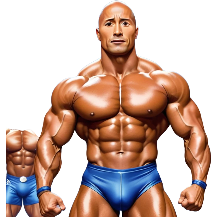 Dwayne Johnson, covered in oil, on stage at a Mr. Universe bodybuilding competition, striking a 'Side Triceps' pose. His defined muscles gleam under the bright lights, with the audience and judges in the background, capturing the intense focus and strength of the moment. Transparent background. emoji