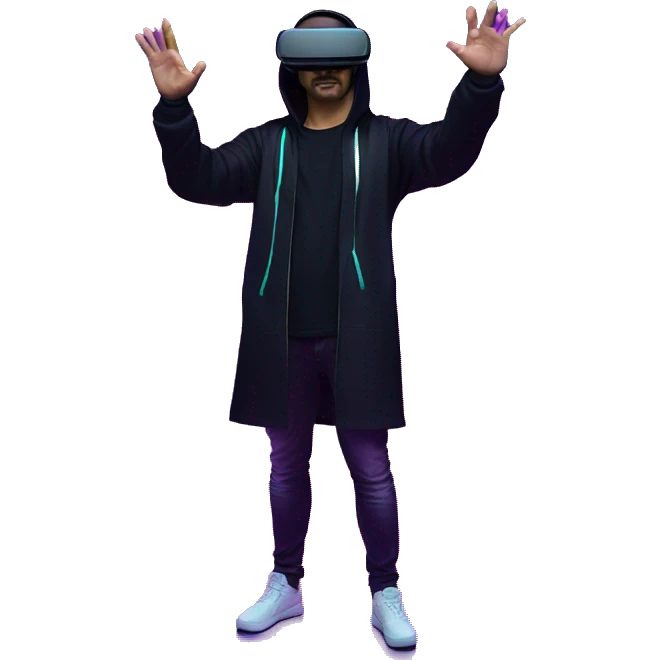 Russian man wearing a black hoodie with "OMG" letters on it and VR headset oculus quest 2 in a cyberpunk VR environment with violet neon lighting. Showing direction with hand emoji