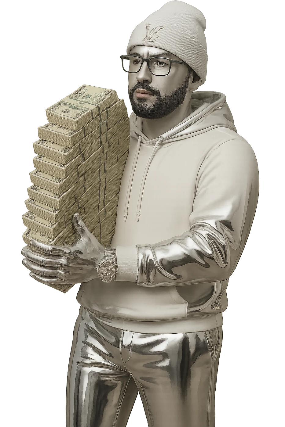 Remove the background, making it transparent. Keep all previous changes: person with white skin tone, black goatee and facial hair, white hoodie, white sweats, white Louis Vuitton beanie, Cartier glasses, realistic money, everything else chrome, AMG in the background. emoji