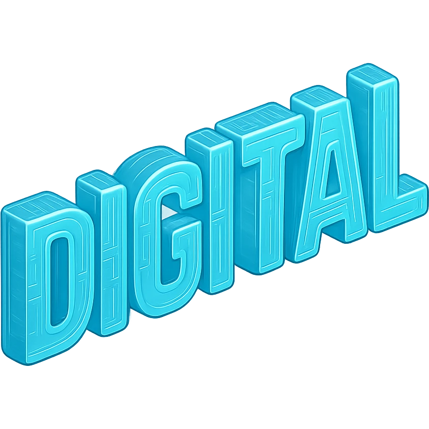The word "DIGITAL" BOLD, floating, cyan blue emoji