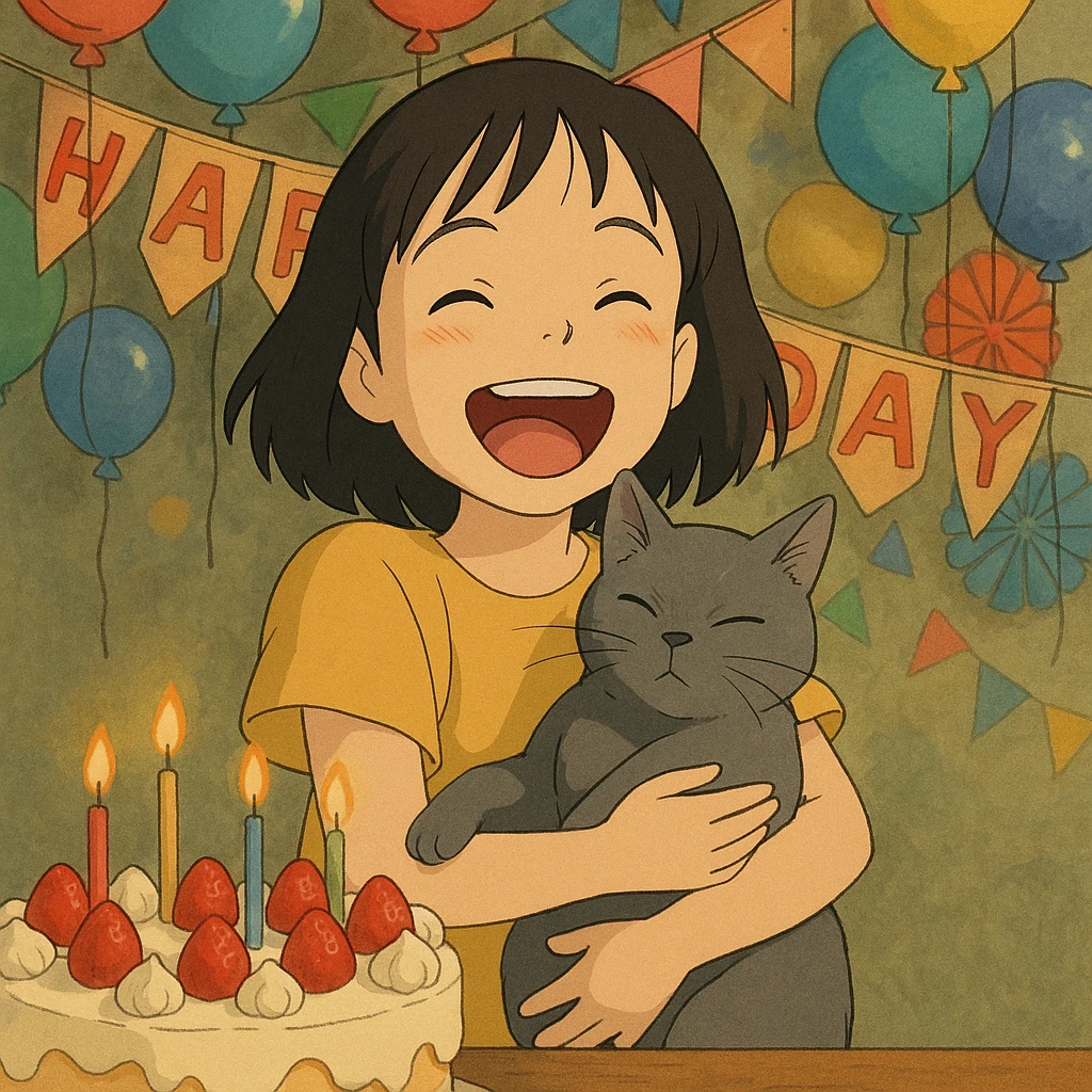 asian girl laughing, holding a grey cat, birthday party, ghibli style emoji
