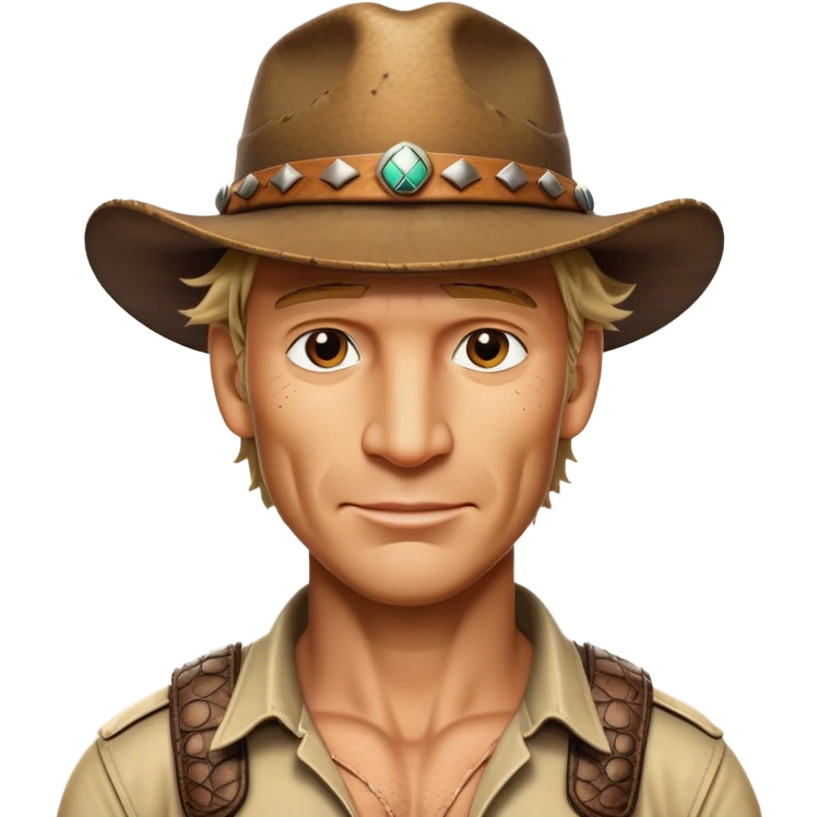 Cinematic Realistic Crocodile Dundee Pop Culture Emoji, depicted with rugged charm and adventurous spirit rendered with lifelike detail and cinematic lighting. emoji