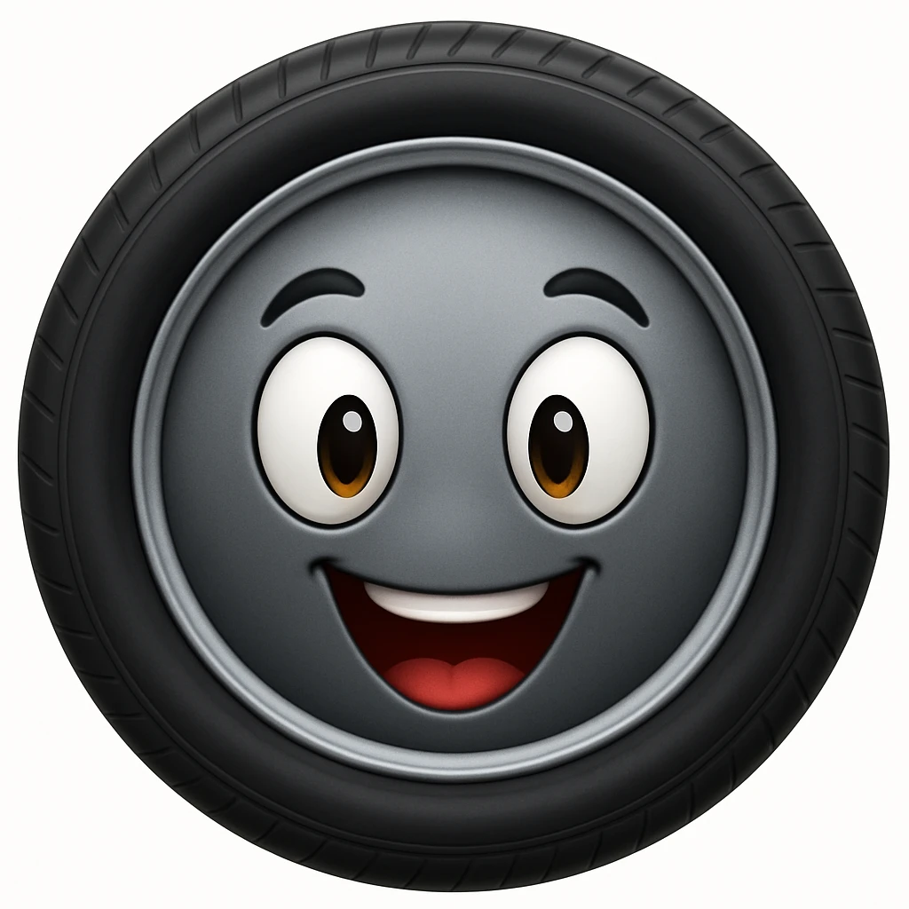 emoji of a car wheel with two eyes and a mouth, white background, change eye shape emoji