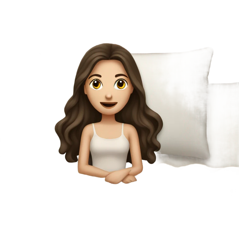 white girl with long dark brown hair sitting in a bed with beige comforter emoji