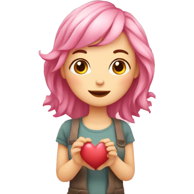 Cute women pink-haired with a heart in the hands. Blushing and have little cute corn emoji