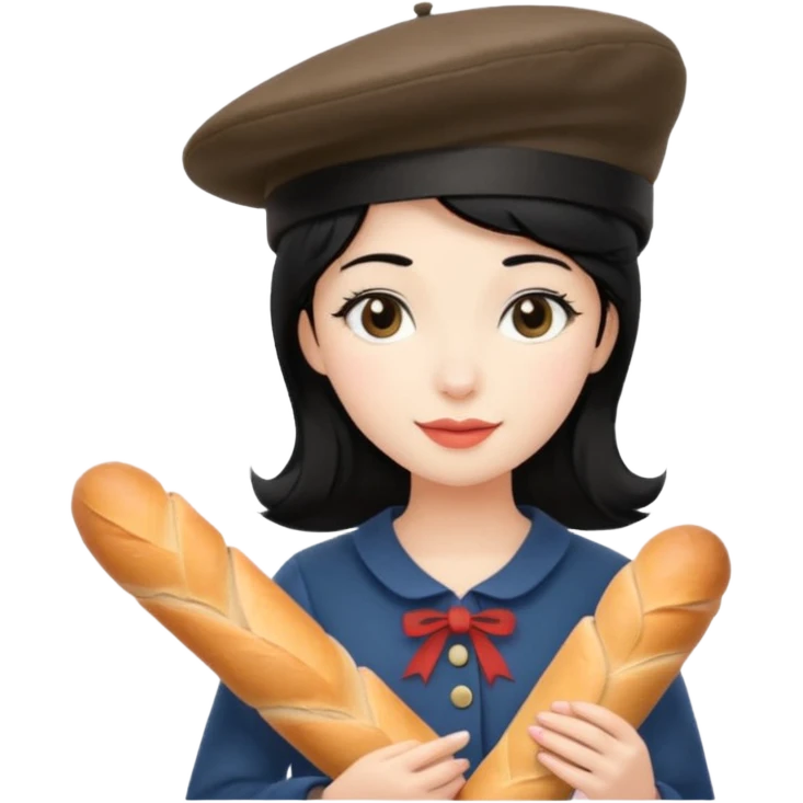 girl with black hair with a french hat and holding a baguette emoji