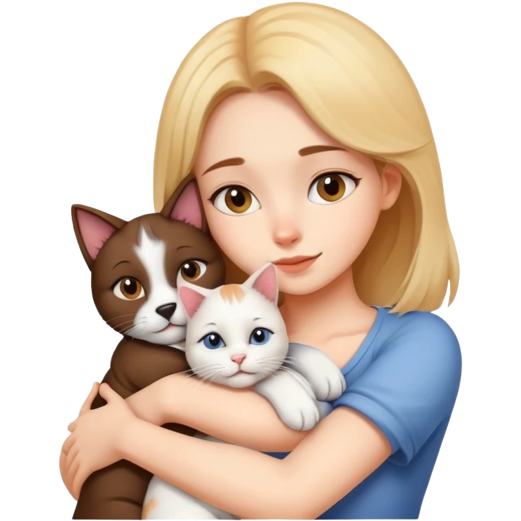 Beautiful girl hugs a cat and a dog tightly emoji