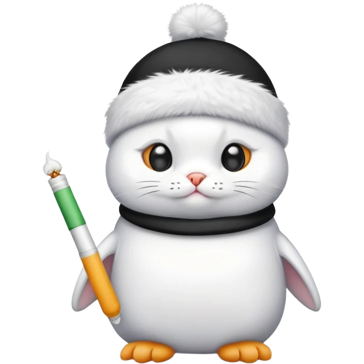make white cat with a pangiun beani with a joint emoji