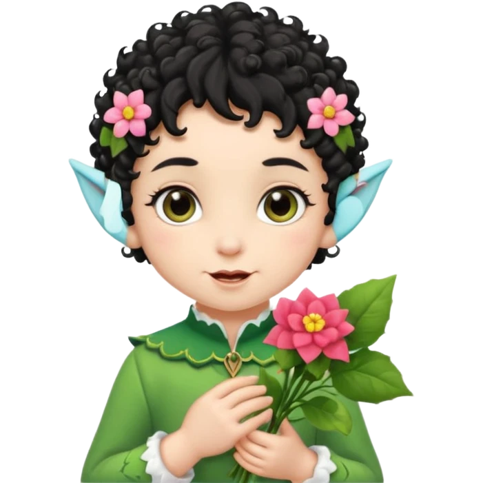 Tiny elf baby black curly hair with pointy ears, hold flowers emoji