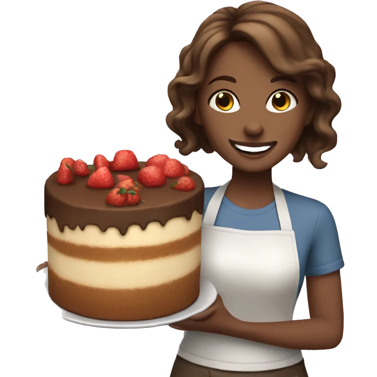 happy white girl- brown hair- cooking holding food cake  emoji