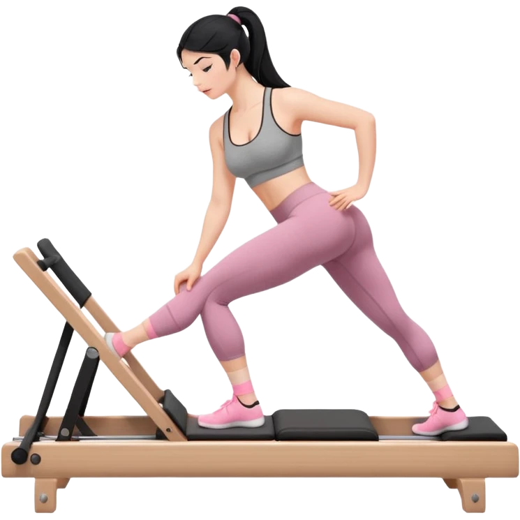 Create a Pilates emoji: a girl with fair skin and black hair, wearing a grey bra and grey leggings with pink pilates socks, on all fours on a wooden reformer. Make it look at the reformer. Make the colors neutrals. emoji