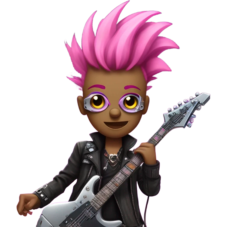 cyberpunk rockstar, pink mohawk, robot heavy metal rock star,  pink mechanical sci-fi electric guitar, close up view emoji