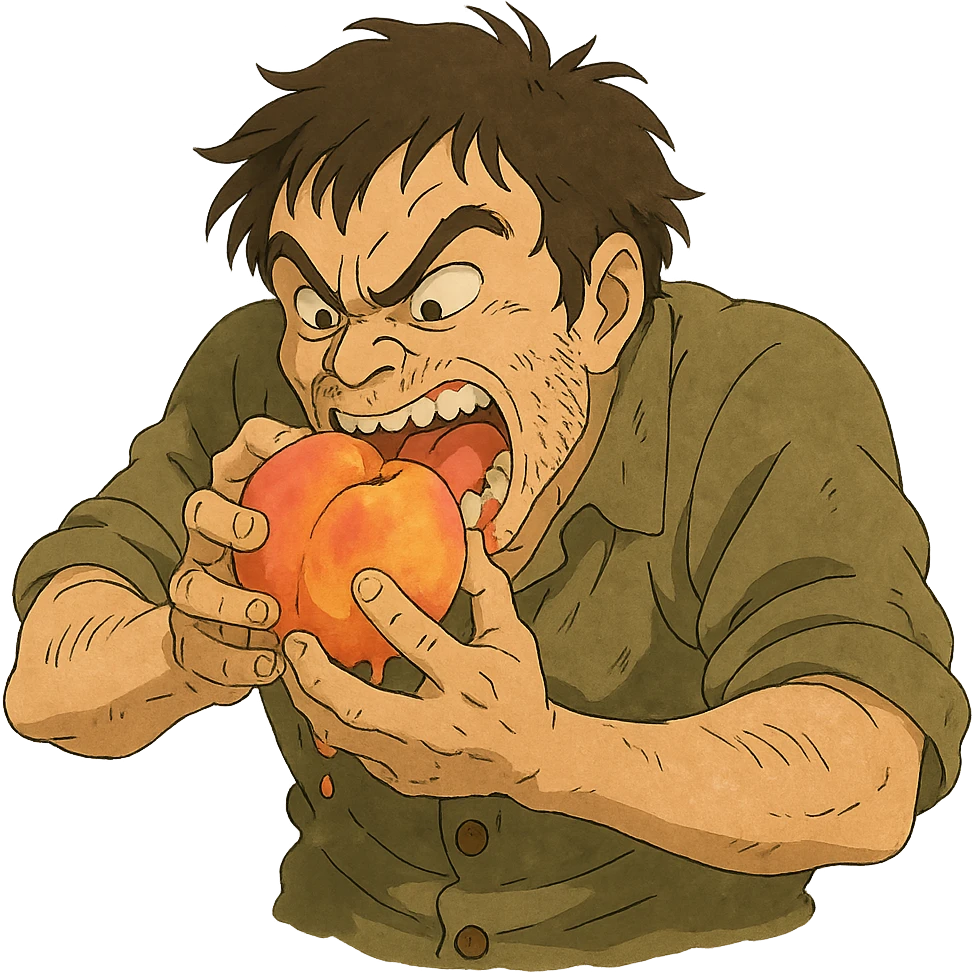 a man ferally eating a peach emoji